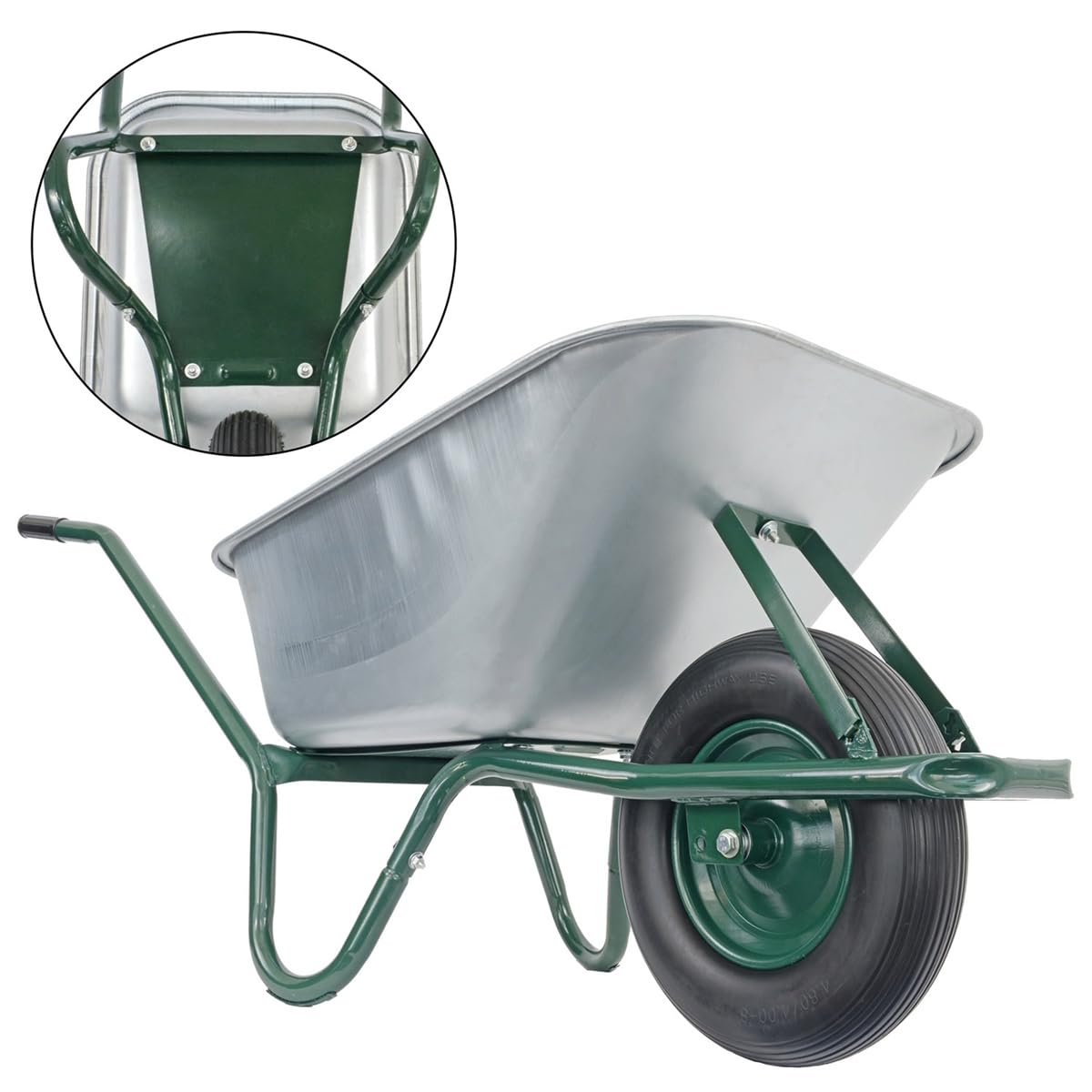 Matrix Schubkarre Profi 100l Liter 250 kg mit zusätzlichem Bodenblech pannensichers PU-Rad Schubkarren groß Garten Scheibtruhe Bauschubkarre | Mulde verzinkt | Metall Felge mit Kugellager | Farbe grün