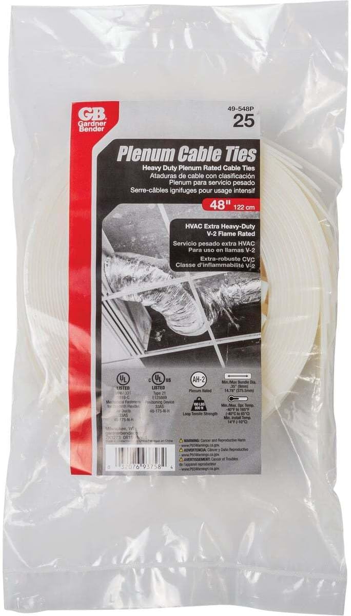 Gardner Bender 49-548P Cable Tie Heavy Duty Plenum 48" 180lb Natural; 25/bag 10 Bags/Master
