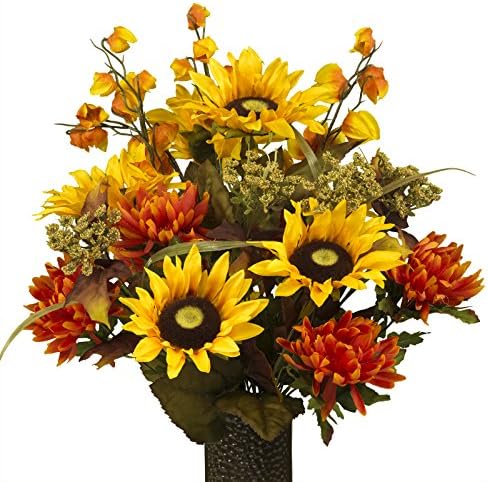 Sympathy Silks Artificial Cemetery Flowers - Realistic - Outdoor Grave Decorations - Non-Bleed Colors, and Easy Fit - Vibrant Sunflower and Dahlia - with Flower Holder