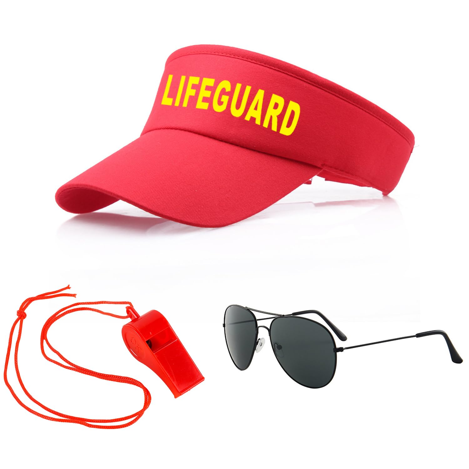 HAICN 3Pcs Lifeguard Costume Accessories Include Sunglasses Whistle Lifeguard Adjustable Sun Hat Hawaiian Dress Accessories Lifeguard Cosplay Costume