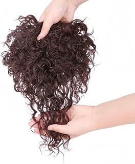 Head Top Bangs Extension With Topper Human Hair 25cm Curly Replacement Wiglet 13x14cm Full Coverage Toupee Clip in (Curly Brown)