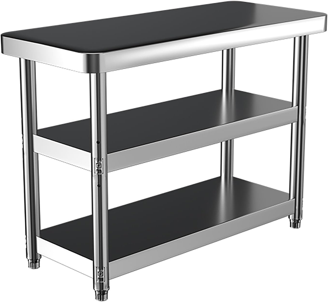 Adjustable Commercial Kitchen Table, Stainless Steel Work Table with Rounded-Corner, 3 Shelves Metal Table Prep Table, for Kitchen Garage Restaurant Backyard, Load Up to 300Kg(60 * 50cm/23.6 * 19.6")