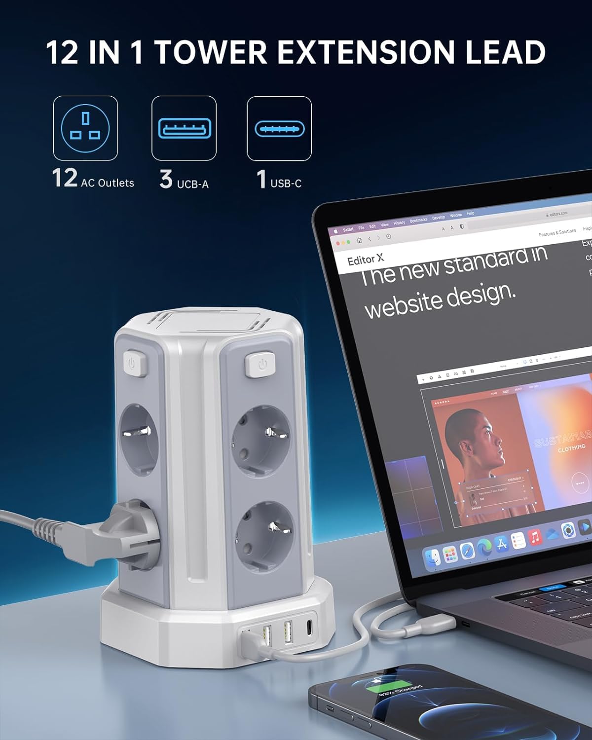 2 Metri Sameriver Ciabatta Elettrica Multipresa, con 8 Prese e 3 USB A+1 USB C(2500W/10A), protezione Sovratensione con interruttori indipendenti,Bianco F (Schuko)