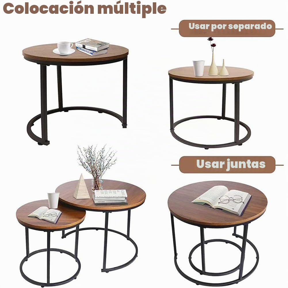 BAKAJI Juego de 2 mesas de salón empotradas, Forma Redonda con Estructura de Metal Negro y Tapa de Madera Nogal, mesas de café para Ahorrar Espacio, diseño Industrial, decoración de salón, casa,