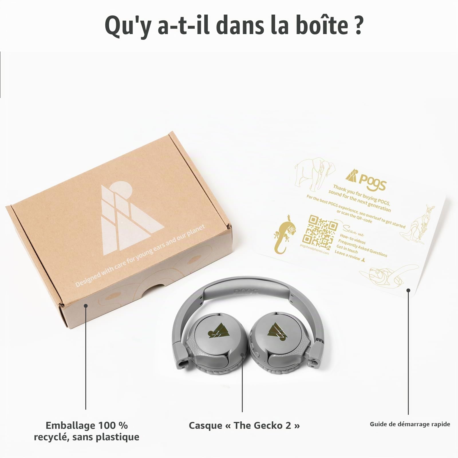 POGS Casque d'écoute Bluetooth sans Fil Kids | Le Gecko 2 | Casque réglable et Durable pour Enfants de 3 Ans et Plus | Volume limité à 85 DB | Microphone | Fonction de Partage de Musique (rGris)