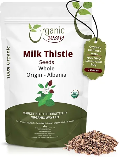 Organic Way Whole Milk Thistle Seeds (Silybum marianum) - Herabl Tea | European Wild-Harvest, Organic & Kosher Certified, Vegan, Non GMO & Gluten Free, USDA Certified, Origin - Albania (2 Oz)