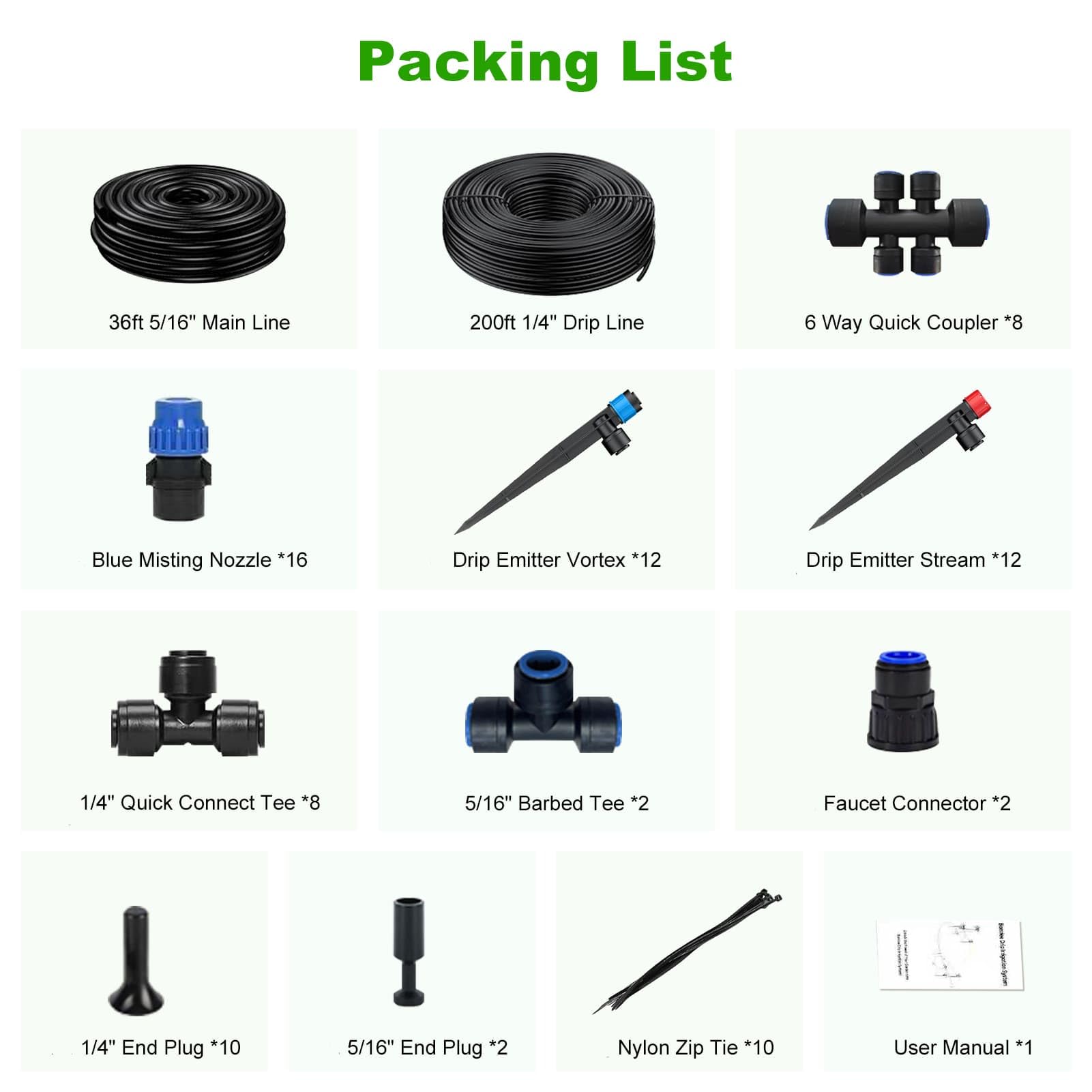 Kit di irrigazione a goccia da 236 m, sistema automatico di irrigazione da giardino per serre, cortile, prato, piante con tubo da 5/16" e tubo di distribuzione da 1/4" e accessori