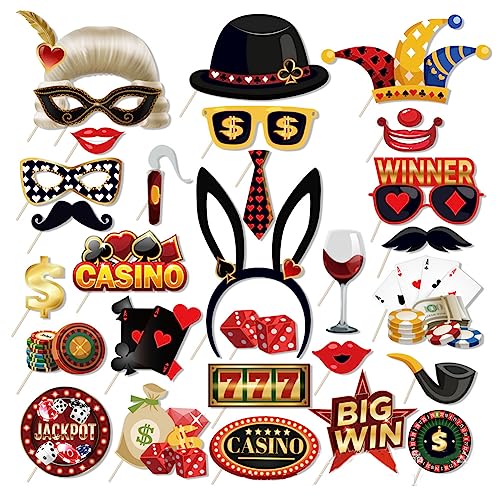 Dusenly 30pcs Las Vegas Casinò Photo Booth Puntelli Divertenti FAI DA TE Poker Tema Selfie Puntelli per Casinò Notte Poker Party Decorazioni