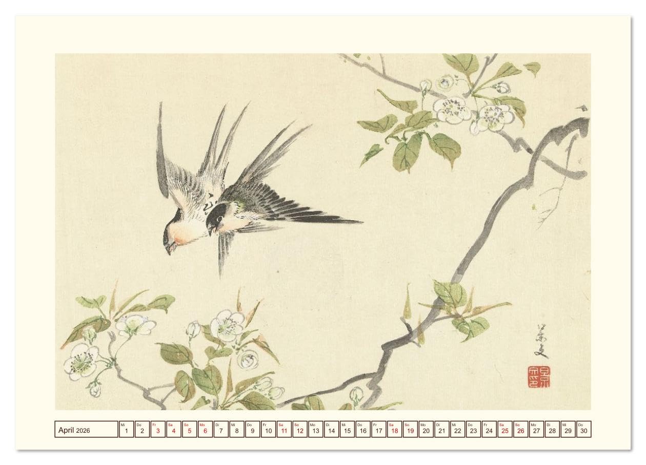Blüte und Feder (hochwertiger Premium Wandkalender 2026 DIN A2 quer), Kunstdruck in Hochglanz: Japanische Naturkunst in zarten Farben. (CALVENDO Kunst)