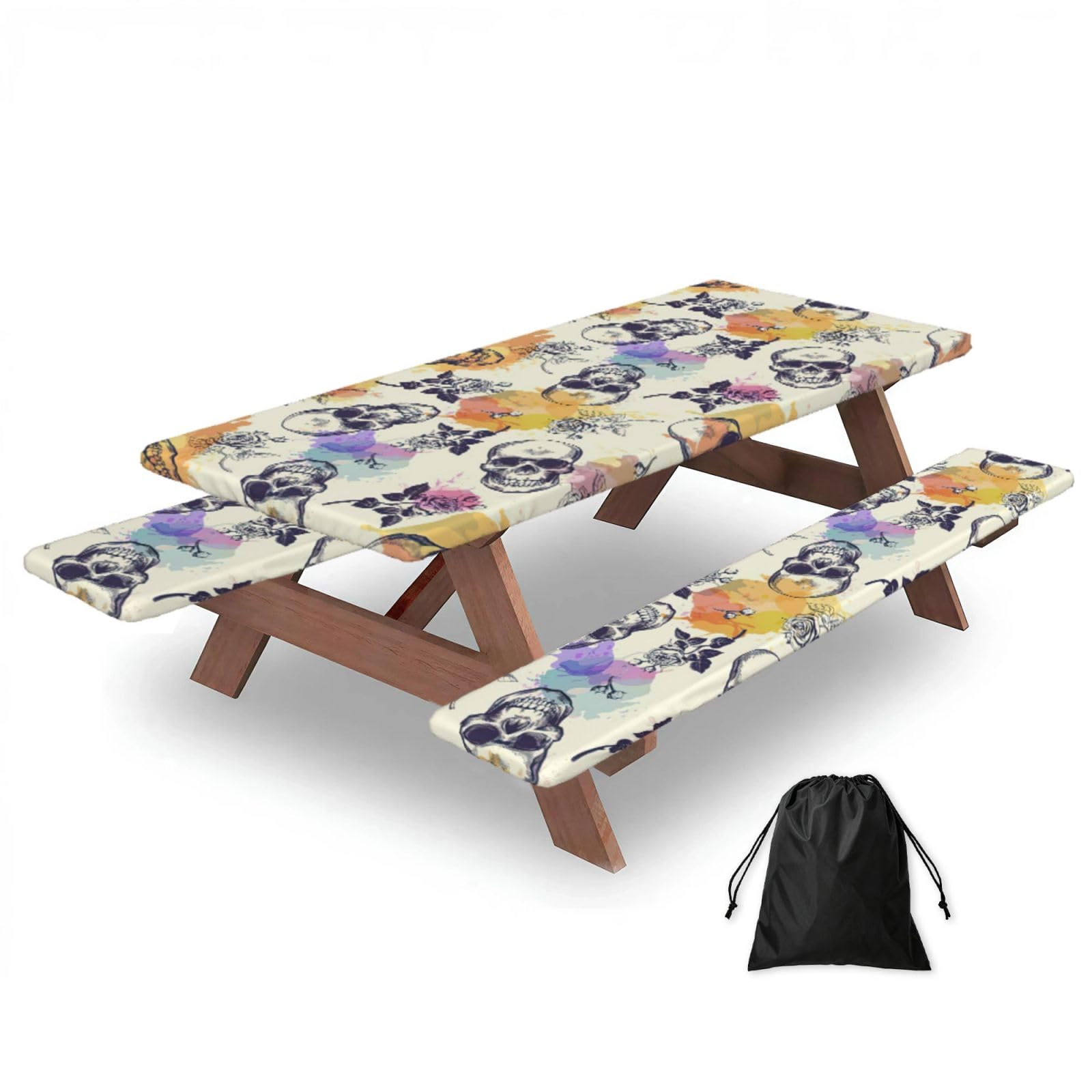 Yqxwjl Black Skull Flower Print Camping Essentials Waterproof Camping Table And Bench Cover With Drawstring Bag 183 Cm