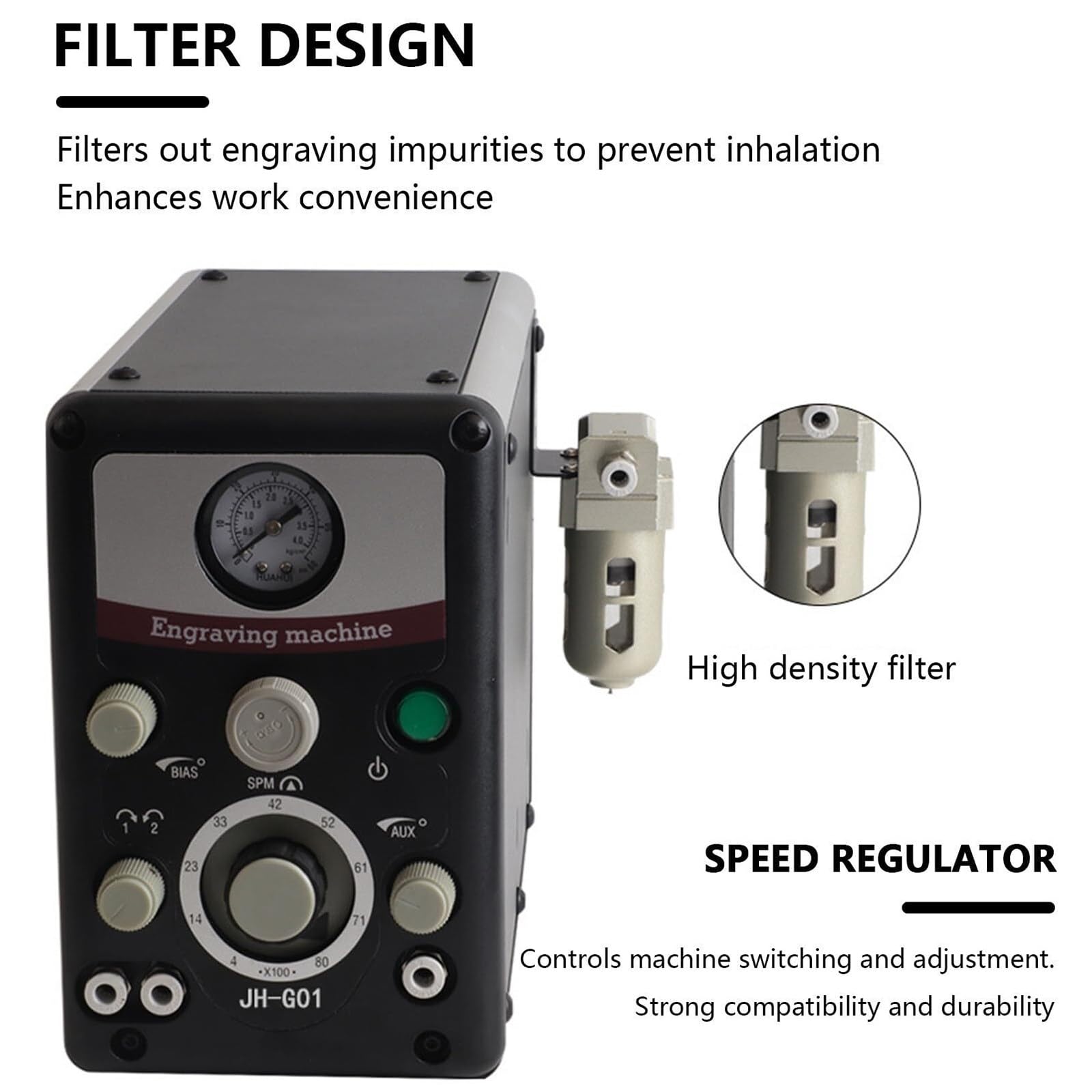 Máquina de grabado neumática para joyería, grabador de impacto de doble cabezal de 400-8000 RPM con filtro y pedales, barómetro de 0-60 PSI, grabador neumático para metal, plástico, madera