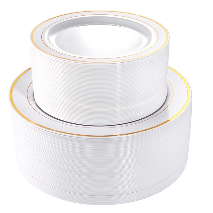 金色塑料盘102片装，白色金边一次性派对盘