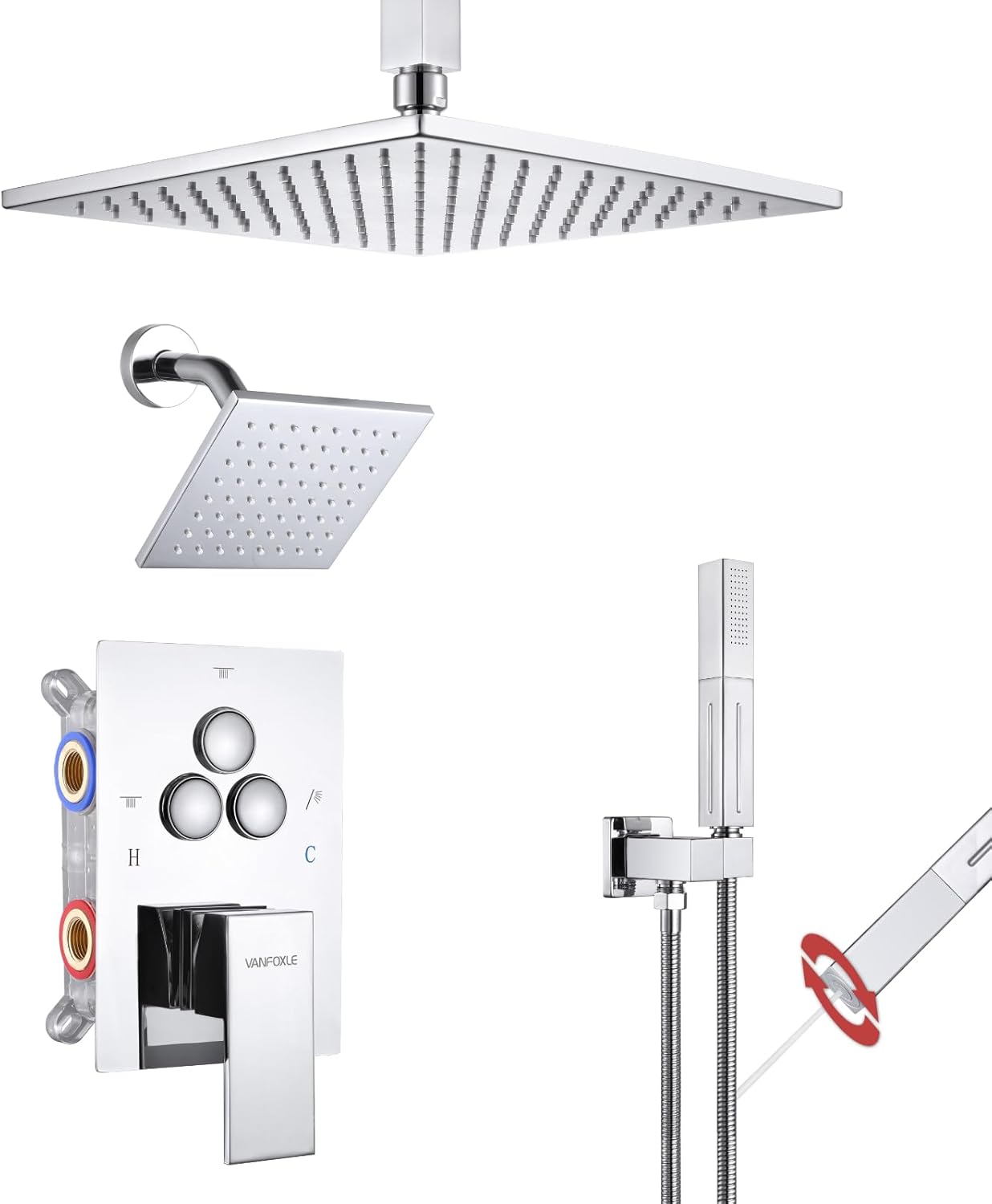 VANFOXLE Shower Faucet Set Chrome Shower System,Push Button Diverter Shower Faucet with 2 in 1 Handheld,Ceiling Mount Increased Thickness 10 Inch Shower Head with 6 Inch Wall Mount Shower Head