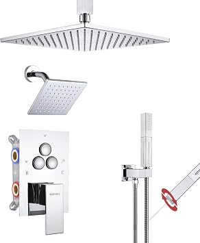 VANFOXLE Shower Faucet Set Chrome Shower System, Push Button Diverter | 10 Inch Ceiling Mount Rain Head, 6 Inch Wall Mount Head, 2-in-1 Handheld Sprayer, Solid Brass Valve, Rust Resistant