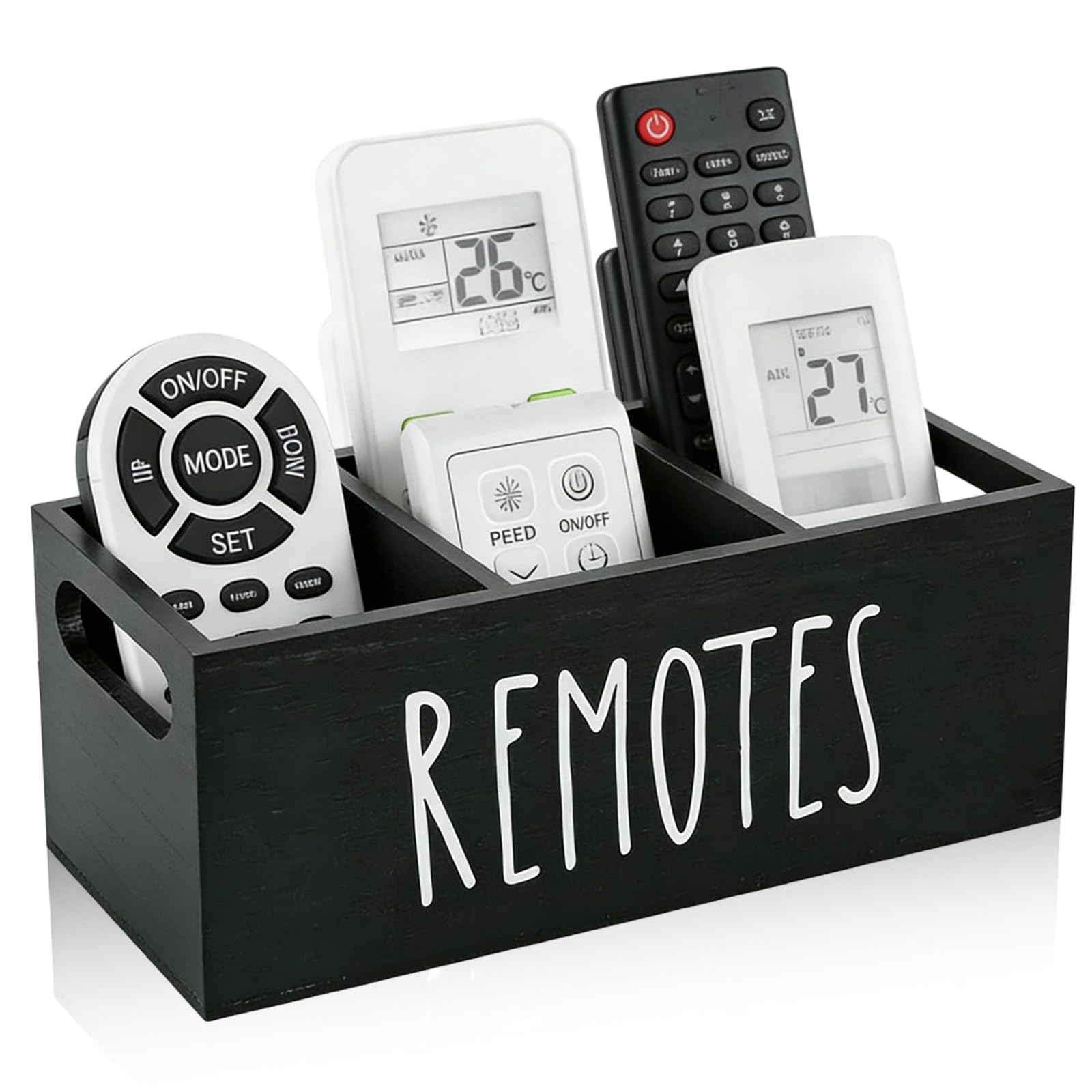 Zyetgh Black Remote Control Holder With 3 Compartments, Wood Remote Caddy Tv Remotes Holder Large Remotes Organizer Tv Controller Organiser For Office School