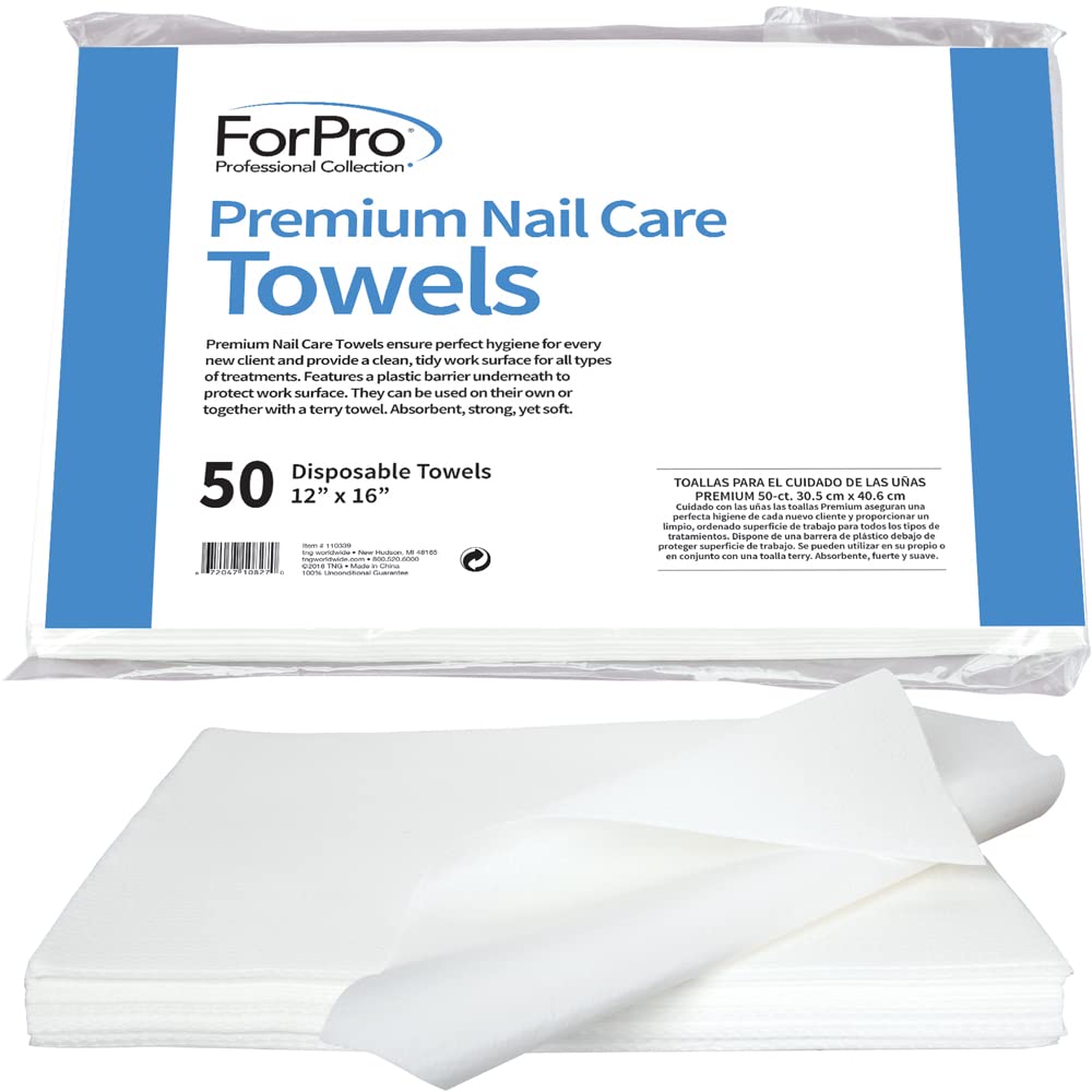ForPro Professional Collection Premium Nail Care Towels for Manicures and Pedicures, Lint-Free, Disposable with Poly Back, 12″ x 16″, 50-Count ForPro Professional Collection Premium Nail Care Towels for Manicures and Pedicures, Lint-Free, Disposable with Poly Back, 12″ x 16″, 50-Count