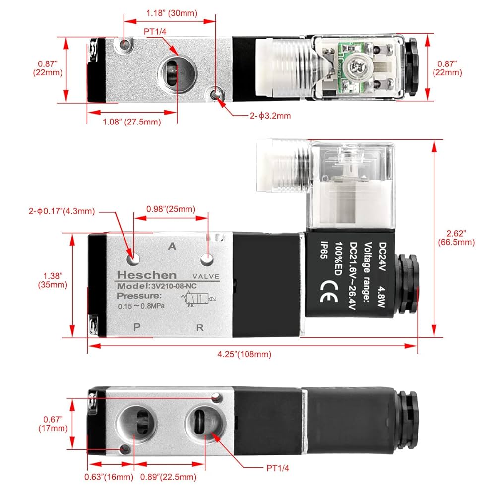 Électrovanne Pneumatique Heschen 3V210-08 - 24VDC, 4.8W, PT1/4, 3/2 Voies - Pour Systèmes Automatiques