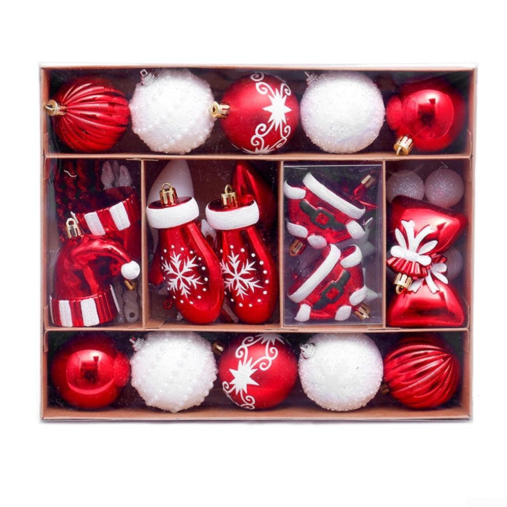Boules de Noël incassables lot de 45 suspensions plastique étanche rouge et blanc