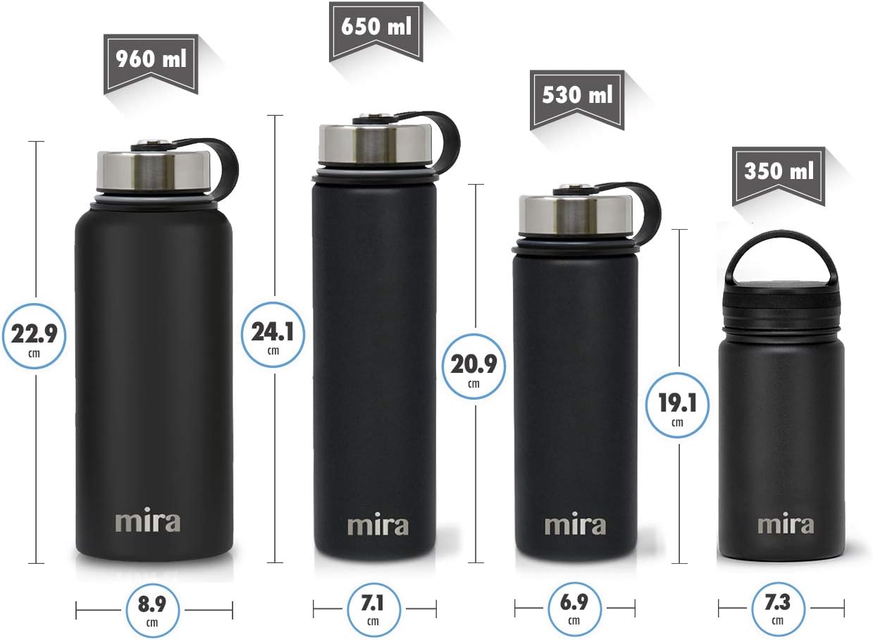 MIRA 32 oz Insulated Water Bottle - Stainless Steel Sports Flask with 2 Lids (Straw & Handle) - Cold Drink Thermo - Black