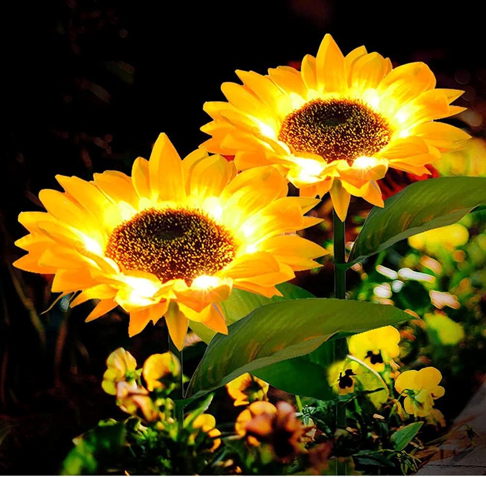 Outdoor LED Solar Garden Stake Lights,Solar Powered Light with 3 Sunflower, Waterproof Solar Decorative Lights for Garden, Patio, Backyard