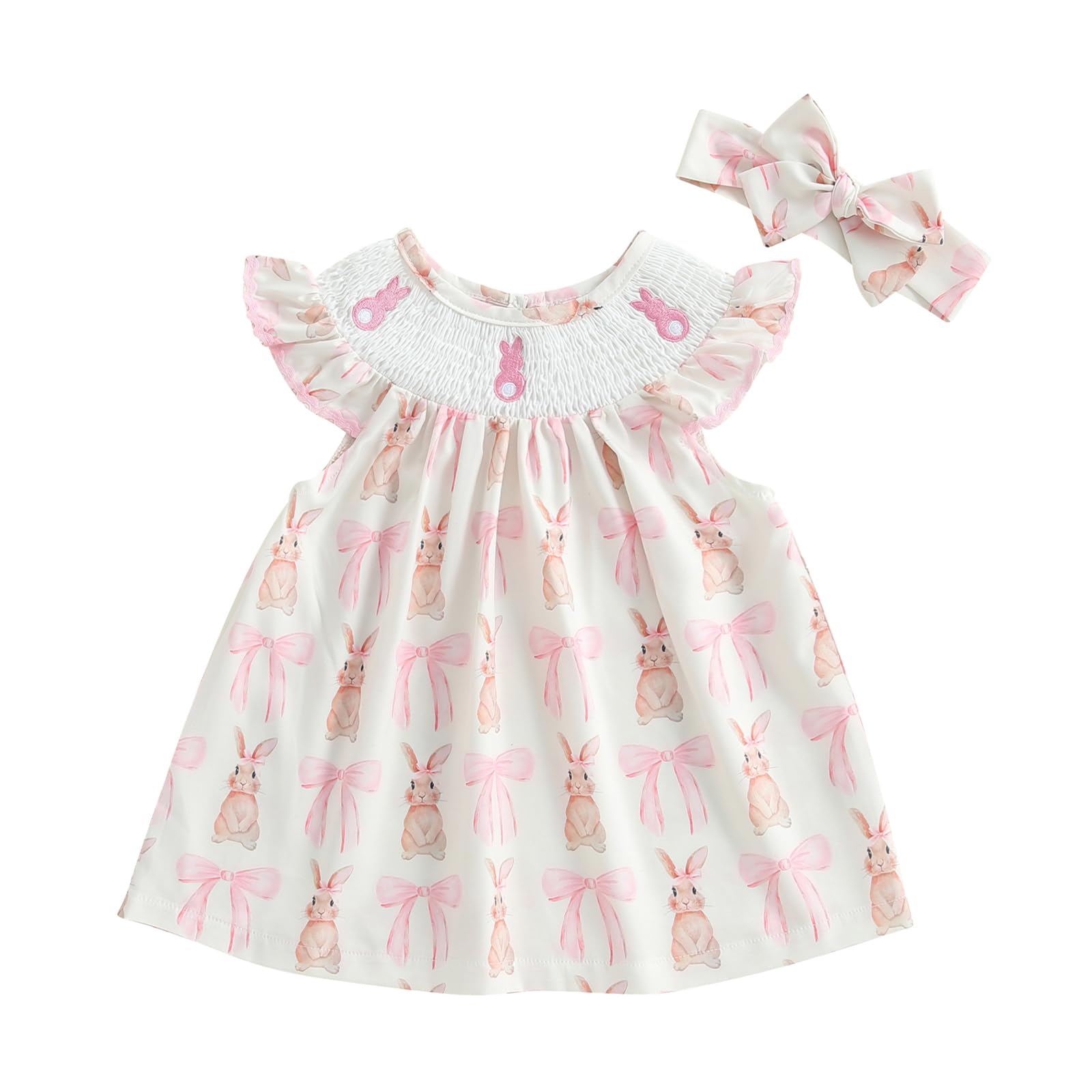 Toddler Baby Girl Easter Outfit Bunny Smocked Dress Ruffle Sleeve A-line Princess Dresses Infant Girl Easter Clothes
