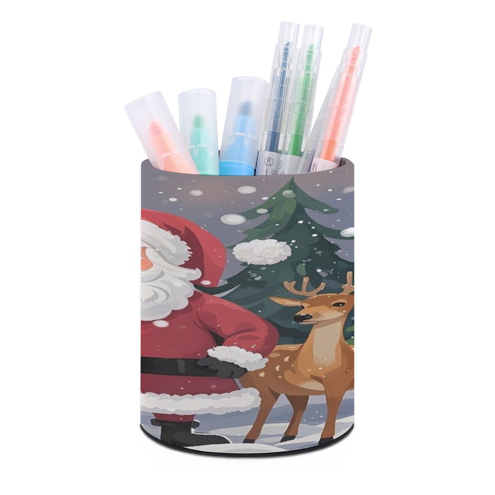 FekiLoot Round Santa Claus And Deer Elk Pen Holder for Desk PU Leather Waterproof Pencil Cup Stand Minimalist Makeup Brush Storage Organizer Desktop Stationery Container Accessorires