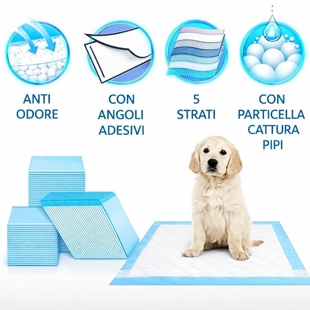VIRSUS tappetini igienici a 5 strati per Cane 60x90 imbustati singolarmente traversine per Cani 100Pezzi Animali Domestici con angoli adesivi anche per Gatti Anti Odore - C