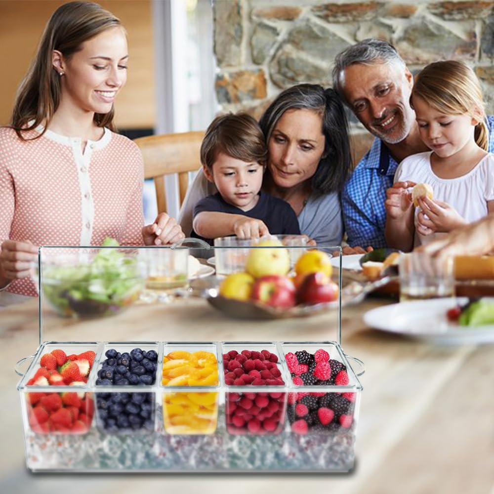 LucaSng Contenitori per condimenti con coperchio, vassoio per ghiaccio, organizer per condimenti, contenitore refrigerato, supporto per guarnire il ghiaccio, dispenser, piatto da insalata per feste e