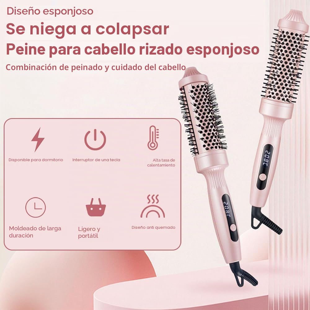 Thermal Brush Cepillo Térmico Redondo, Cepillo Rizador Calentado de 38mm, Peine Alisador de Cabello, PTC Redondo Cepillo de Pelo Caliente para Rizado y Cabello Liso, 100-230 ℃, Cable 2M, Doble Voltaje