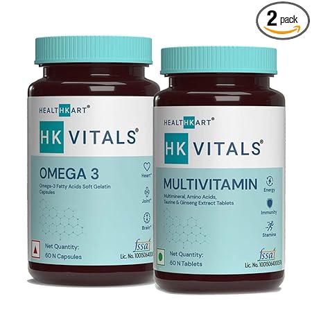HealthKart HK Vitals Omega 3 Supplement and Multivitamin Combo, Pack of 60 Omega 3 Capsules + 60 Multivitamin Tablets
