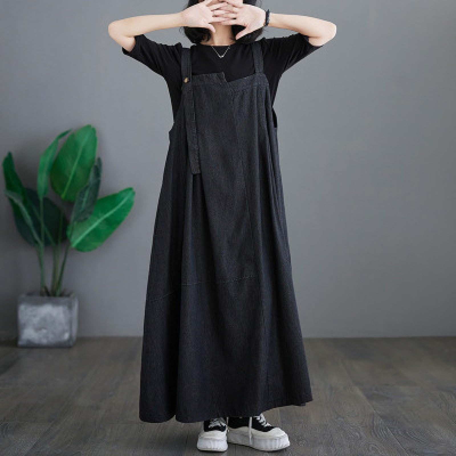 Gonna a salopette da donna, comoda, abito con pettorina, linea A, casual, autunnale, casual, spalline regolabili, leggera, con tasche, scollo quadrato, elegante, senza maniche, tinta unita