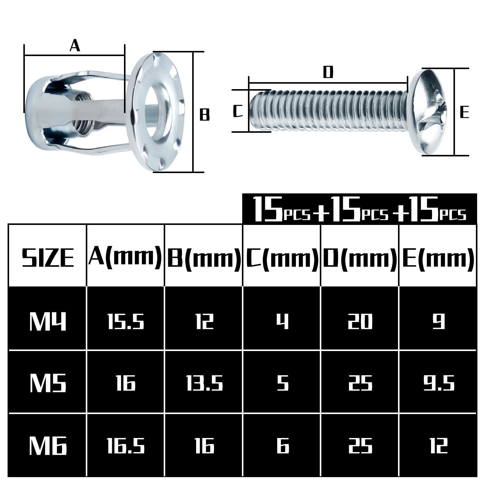 Mbsomnus 45 Piezas Tuercas de Pétalo Anclajes Metálicos para Cavidades Expansión Distanadores para Paredes Huecas Kit Fijación para Paredes Delgadas Puertas Huecas y Placas de Hierro(M4 M5 M6)