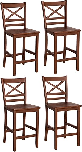COSTWAY Juego de 4 taburetes de bar, sillas antiguas de altura de encimera de cocina de 25 pulgadas con respaldo de madera en forma de X y patas de