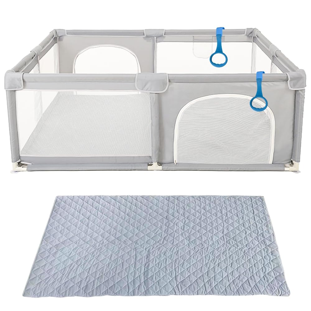 Homewell Parque para bebé, Parque de bebé seguro 150 x 200 cm, zona de juego con 2 accesos laterales con cremallera y alfombras, barrera para bebés de juegos, bolsa de transporte, color gris