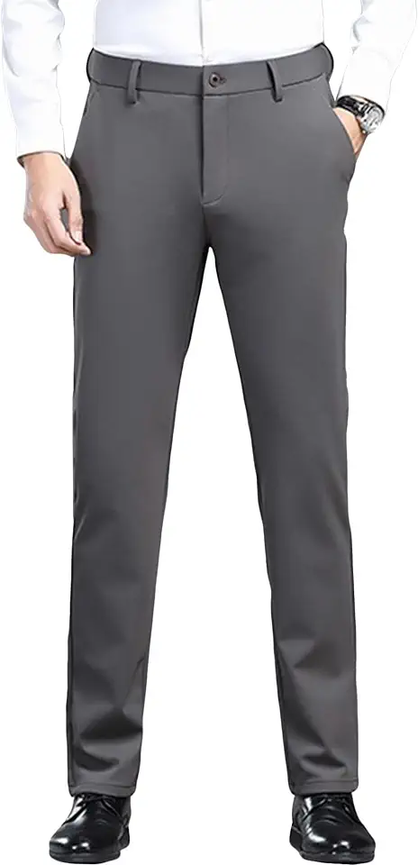 Men's Classic Flex Flat Front Pants Stretch Skinny Tapered Chino Slacks Slim Expandable WAIS Trousers, Grey, 32