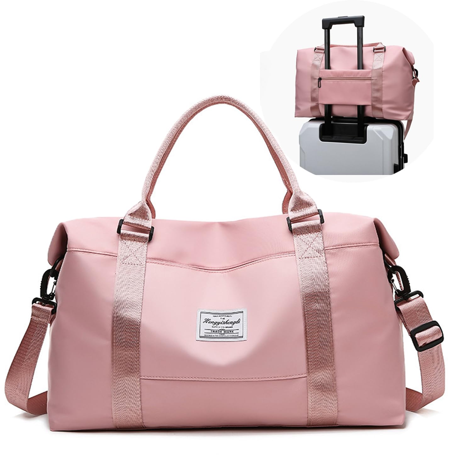 Travel Duffle Bag,Waterproof Weekender Bag for Women,Lightweight Carryon Gymbag with Wet Pocket,Carry On Overnight Bag with Trolley Sleeve for Travel Business Trips Sport Hospital (Pink)