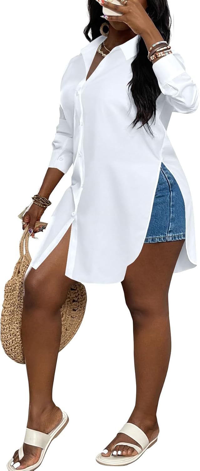 LYANER Women's Collar V Neck Button Front Long Sleeve Slit Hem Long Shirt Blouse Top - Image 5