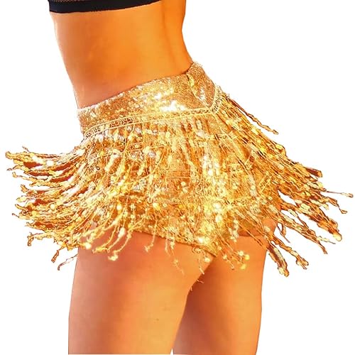 Yollmart Women's Sequins Tassel Skirts Shorts Booty Dance Festival Bottoms - Large - Gold