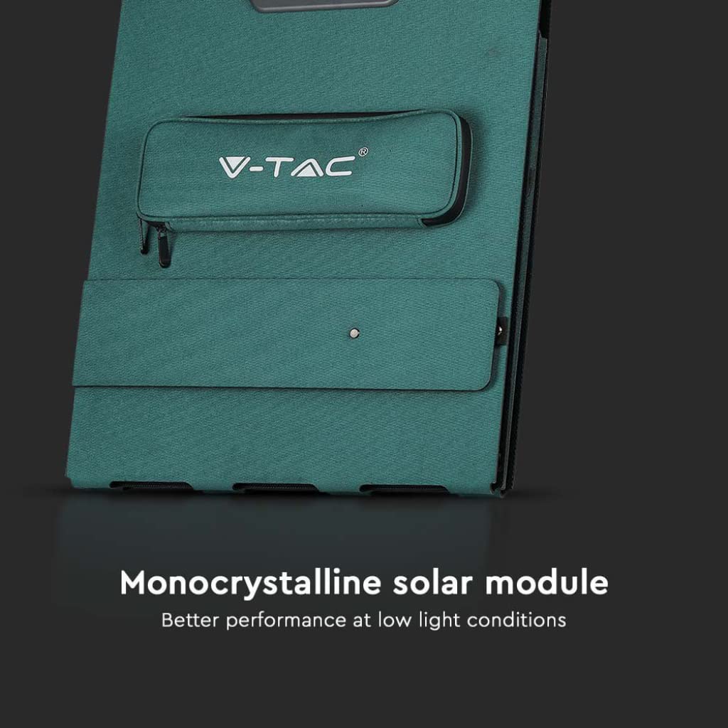 V-TAC Panneau solaire photovoltaïque portable pliable universel – 80 W – Monocristallin – Charge Power Station – Câbles et connexion XT60, DC – Ports USB-A et Type-C – Étanche IP67