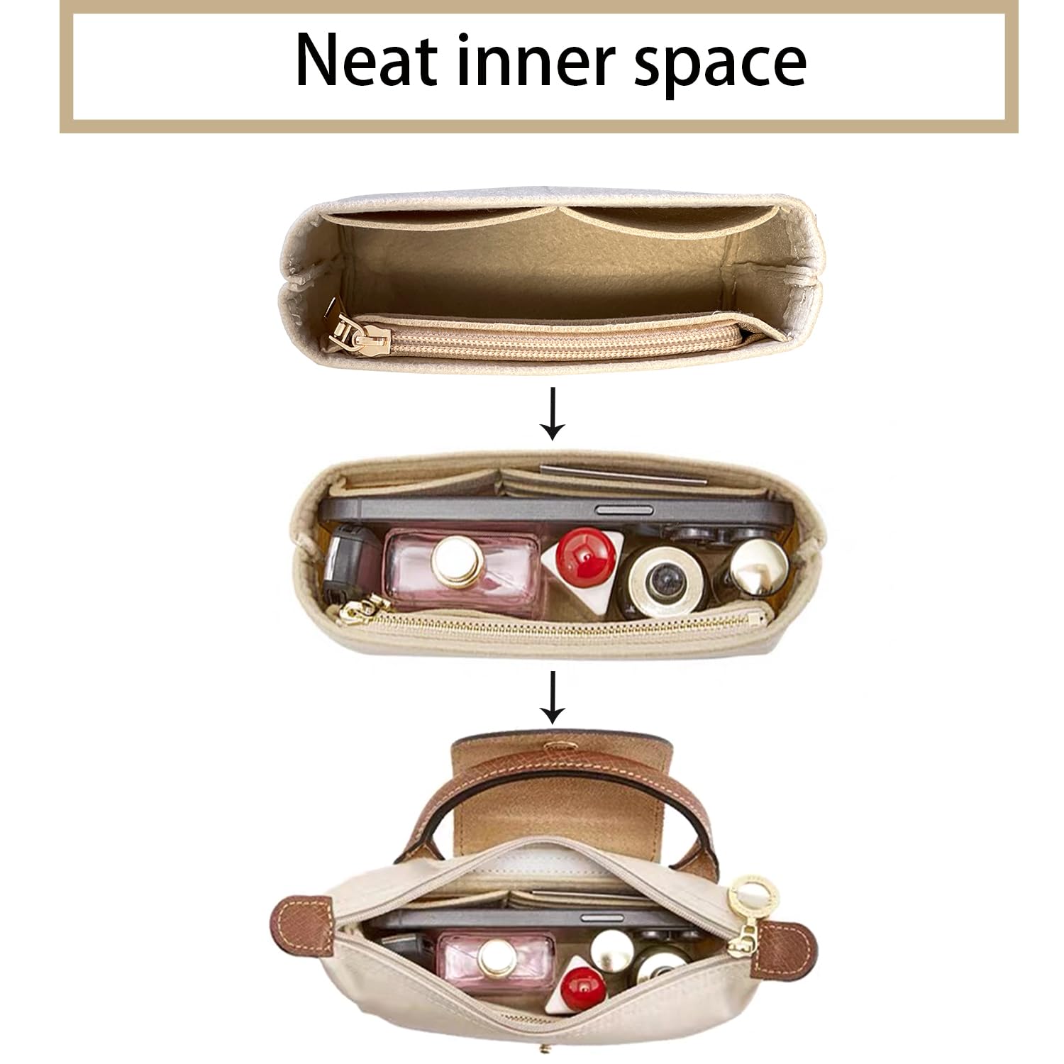 Organizador de bolsas para bolsos pequeños de campeón largo, almacenamiento y organización, forro interior de fieltro, tamaño mini (beige)
