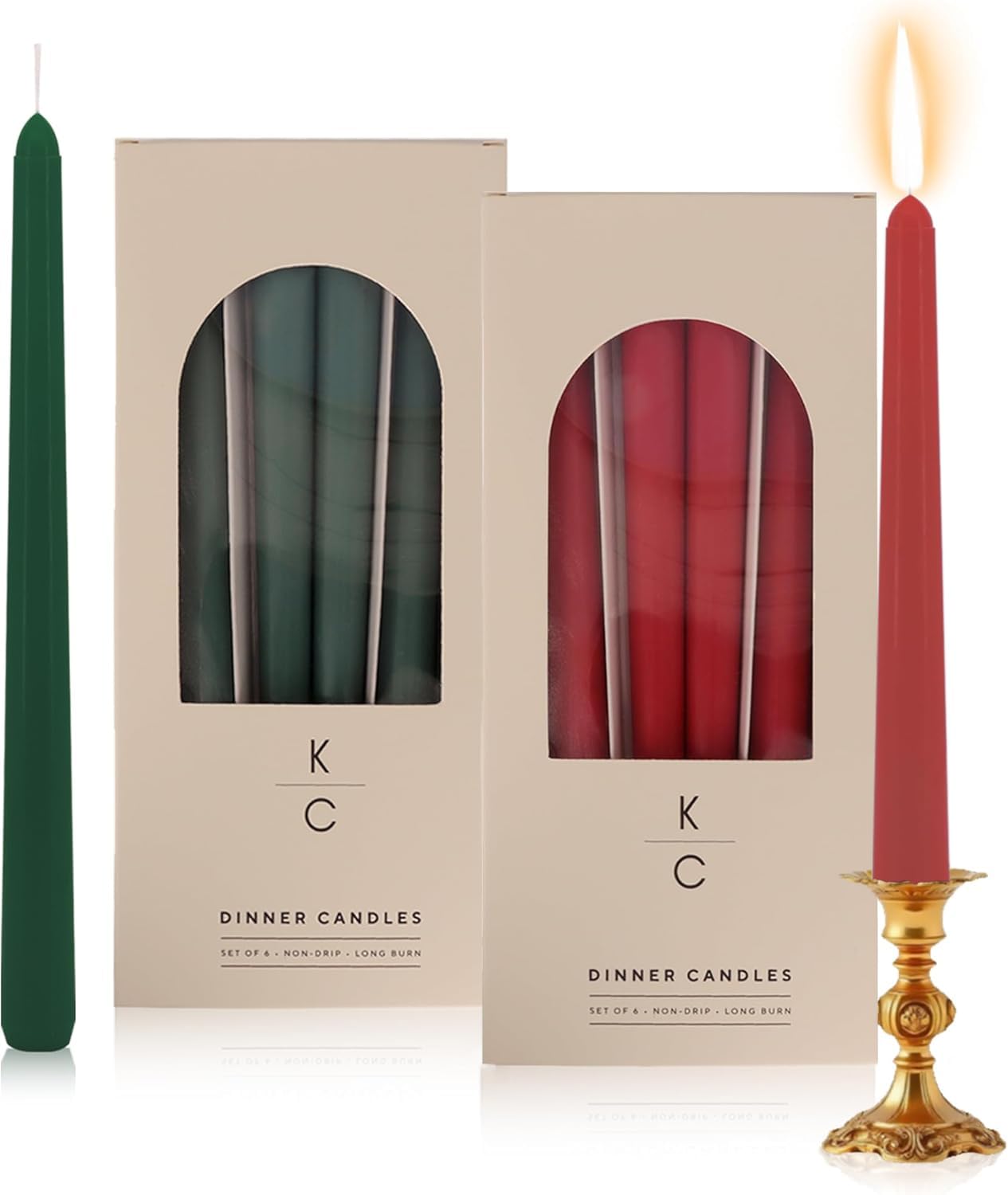 Tapered Dinner Candles - Soy &amp; Paraffin Blend, Cranberry &amp; Pine Harvest Candles with Long-Lasting 7-Hour Burn - Candle in Curated Colors Ideal Gift for Hosts, Brides &amp; Holiday Events-Red &amp; Green