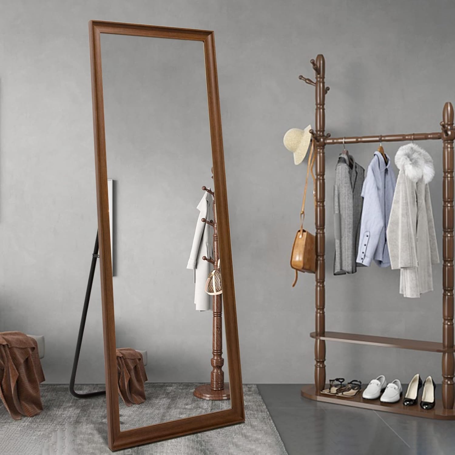 Full Length Mirror Wood Frame, 65x22in Floor Mirror Wall Full Body Mirror with Standing, Leaning Hanging for Bedroom,Living Room, Large Wooden Frame, Walnut