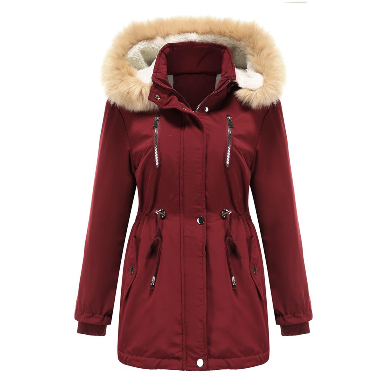 Generisch Wintermantel Damen Lang Winterjacke Elegant Parka Mantel Mit Kapuze Winterparka Mit Taschen Übergangsjacke Mit Knöpfen Windbreaker Gefüttert Teddyfell Dicker Fleecejacke Mit Reissverschluss