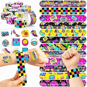 72PCS 90s & 80s Party Favors – 48PCS Pre-Cut Tattoos & 24PCS Slap Bracelets, Retro 90s Birthday Party Supplies Decorations, Ideal for Kids’ Classroom Prizes & Rewards for Boys & Girls