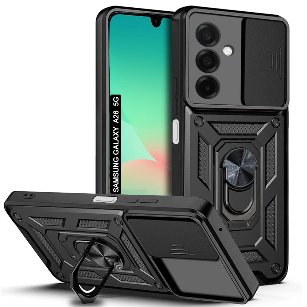 AESTMO Tough Armor Samsung Galaxy A26 5G Bumper Back Case Cover | Ring Holder & Sliding Camera Shield Cover | 360 Degree Protection Back Case Cover for Samsung Galaxy A26 5G (Black)