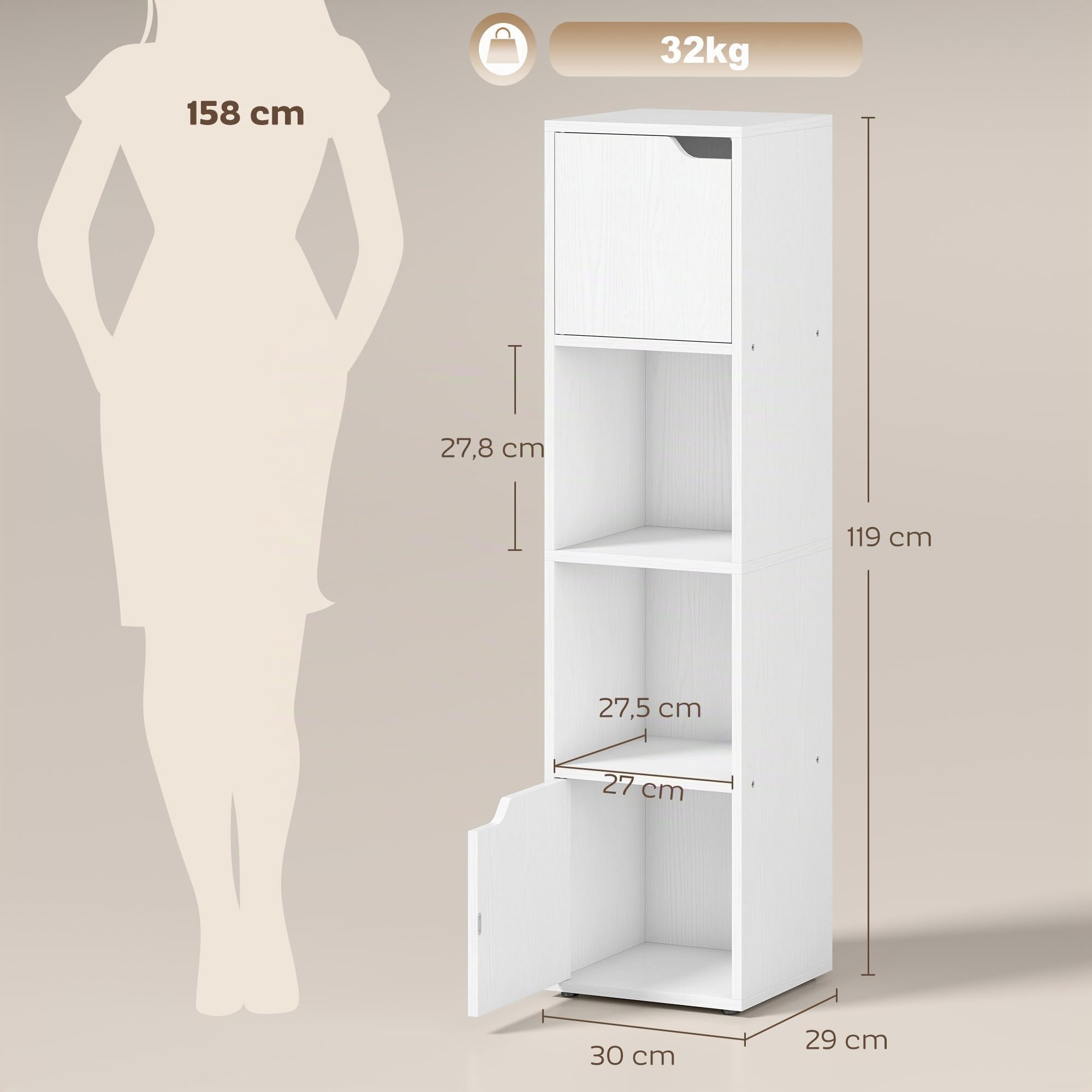 HOMCOM Estantería para Libros con 2 Puertas 4 Niveles 30x29x119 cm Blanco | Estantería Estrecha y Alta, Librería, 2 Estantes Abiertos, Armario Alto, para Salón Estudio Oficina