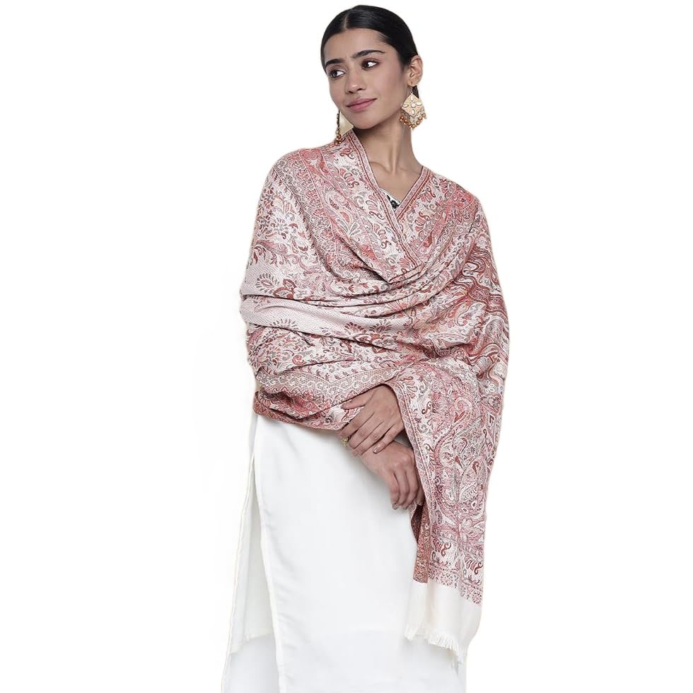 ZamourWomen's Faux Pashmina Jacquard Woven Jamawar Mughal Shawl White