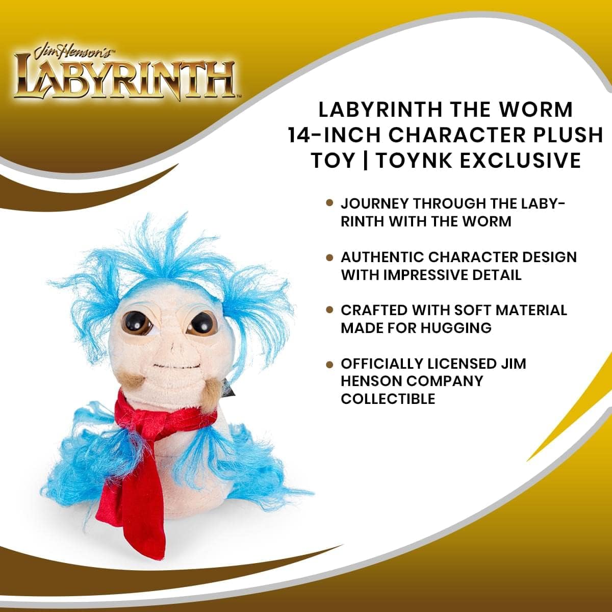 Toy Vault The Worm from Labyrinth Plush (14-Inch), Cute Plushie Stuffed Animal, Licensed Jim Henson Productions