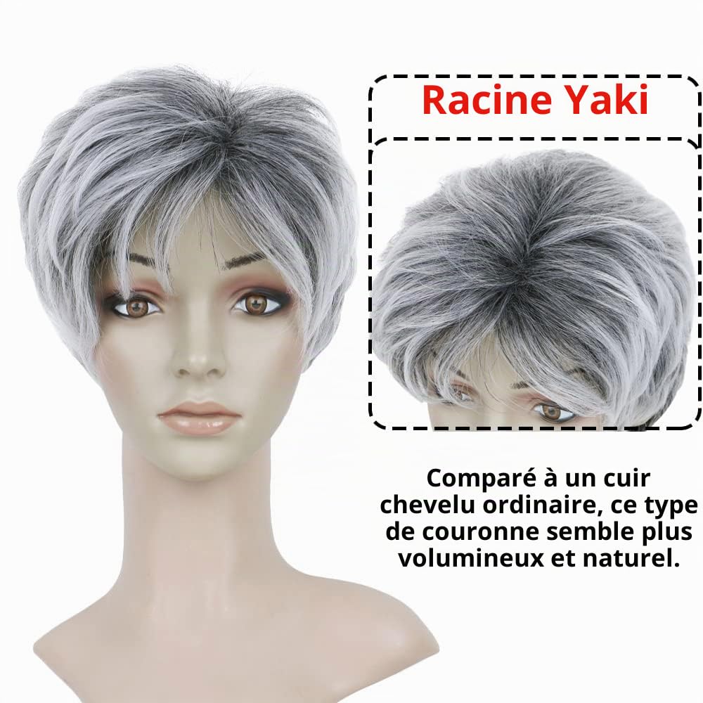 BECUS Perruque Courte Grise Ombrée pour Femme – Perruque Synthétique Naturelle avec Frange pour Usage Quotidien, Cosplay et Fête(Gris Argenté Avec Racines Noires)