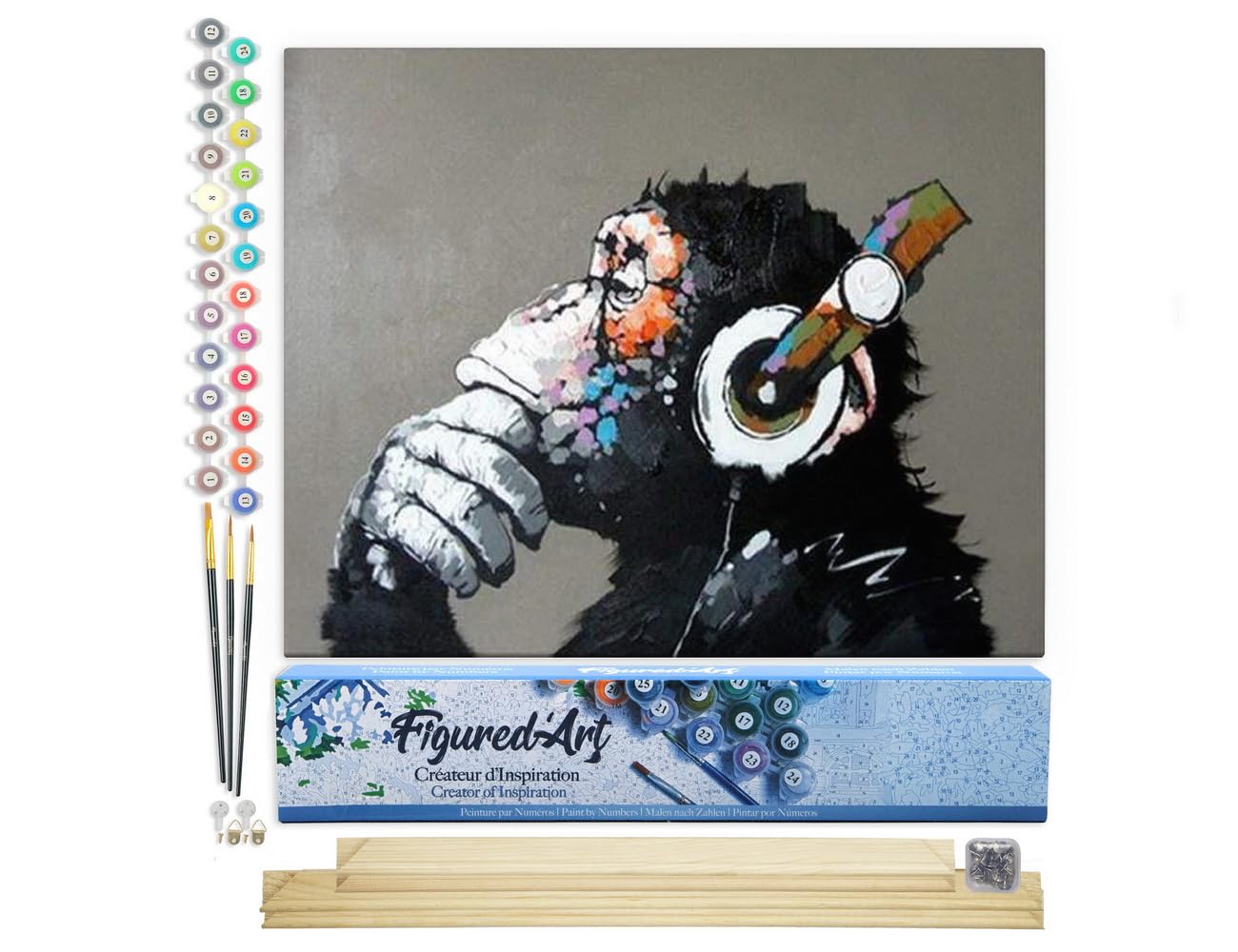 Figured'Art Paint by Numbers for Adults Monkey Wearing Headphones 40x50cm - Craft Art Painting Rolled Canvas with DIY Wooden Frame